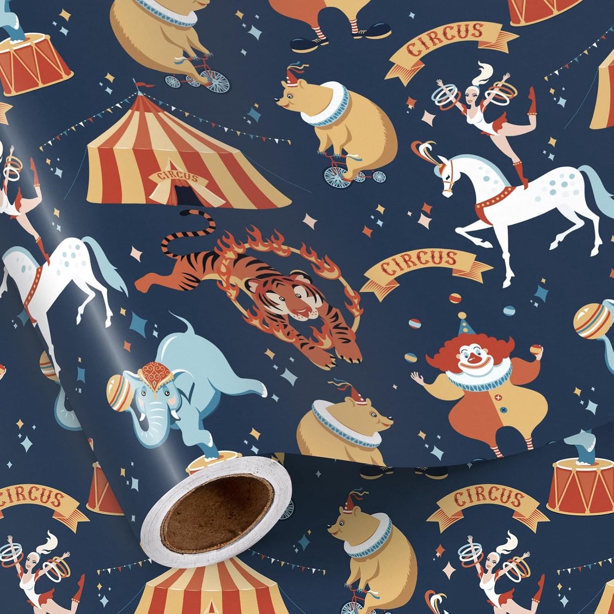 SnelShoppen - Circus Inpakpapier Rol - Marineblauwe Vintage Dierontwerpen met Clowns, Olifanten, Tijgers en Circustenten - 43,2 cm x 5 m - Perfect voo