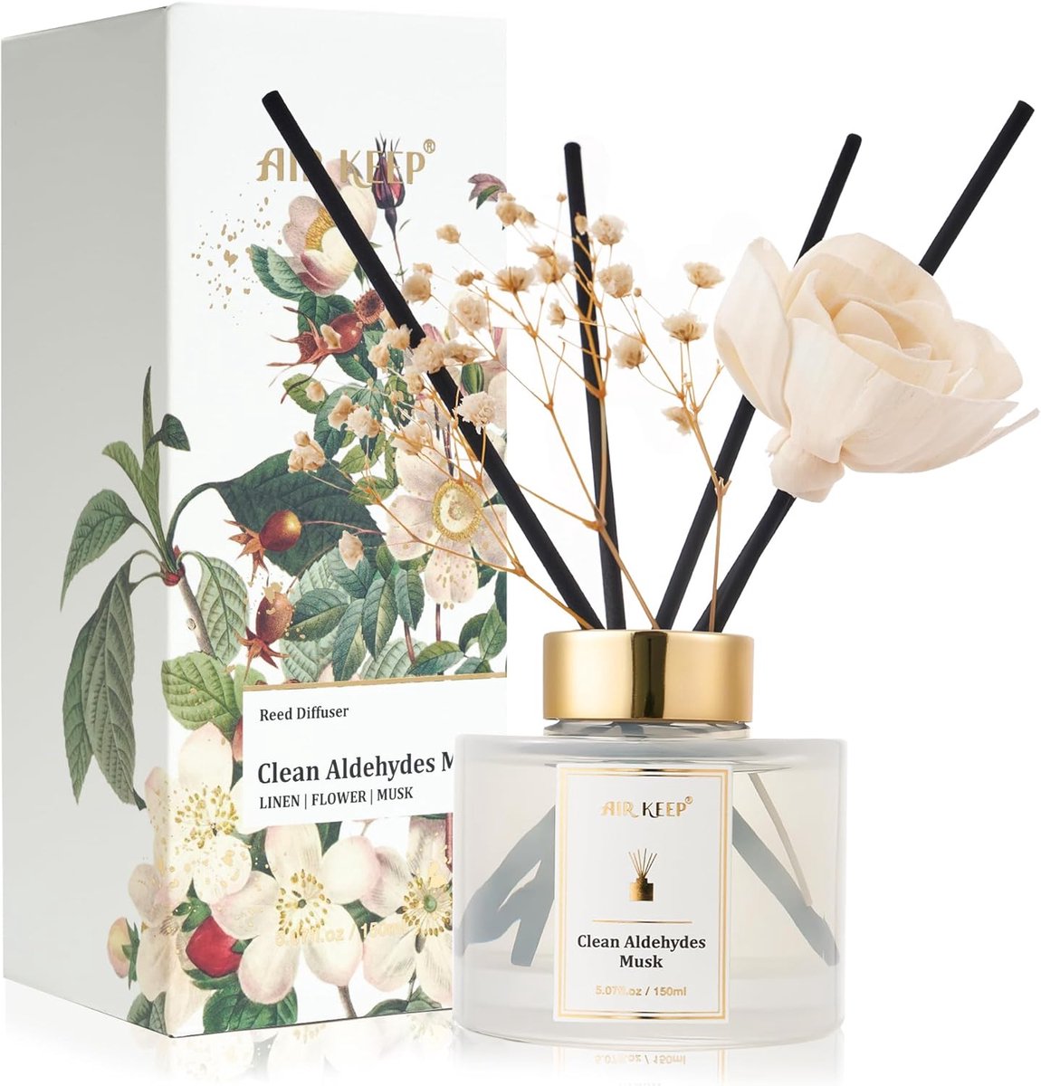 SnelShoppen - Flower Reed Diffuser Set 150ml - Clean Aldehydes Musk Geur - 8 Rietjes - Luxe Geurverspreider voor Woonkamer, Badkamer en Kantoor Decora