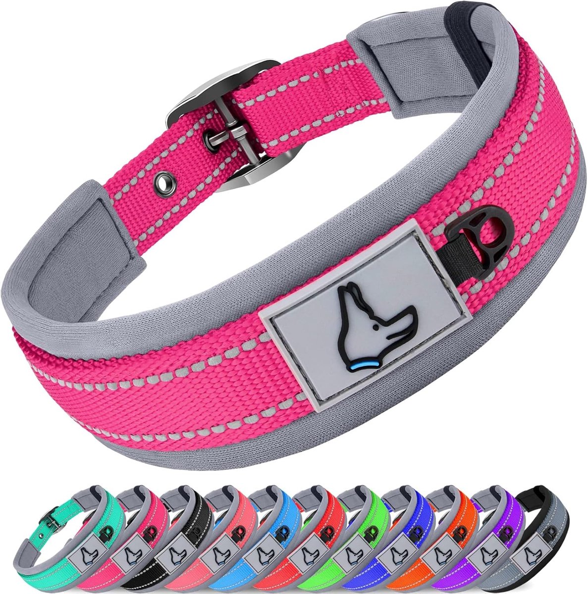 SnelShoppen - Hondenhalsband, Zachte Gevoerde Neopreen Hondenhalsband voor Grote Honden, Reflecterende Nylon Brede Halsband, Lichtroze, Maat L/XL