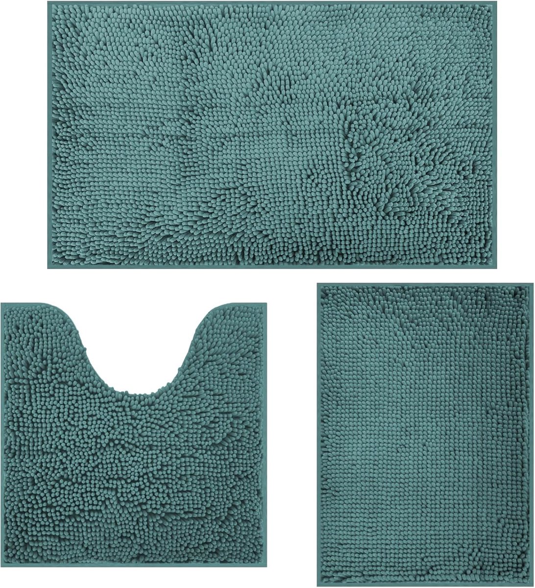 SnelShoppen - Non Slip Badmat Set - Shaggy Badmat voor Badkamer - Absorberende en Wasbare Badmat Set met U-Vormige Voetmat - Donkergroen - Ultra Zacht