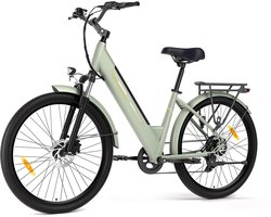 Touroll-J1-Nieuw model 2026-groene stap-in elektrische fiets-27,5 inch-250W achterwielmotor 45Nm-Shimano 7 versnellingen-561,6Wh losneembare accu tot 100km-80mm vergrendelbare voorvering