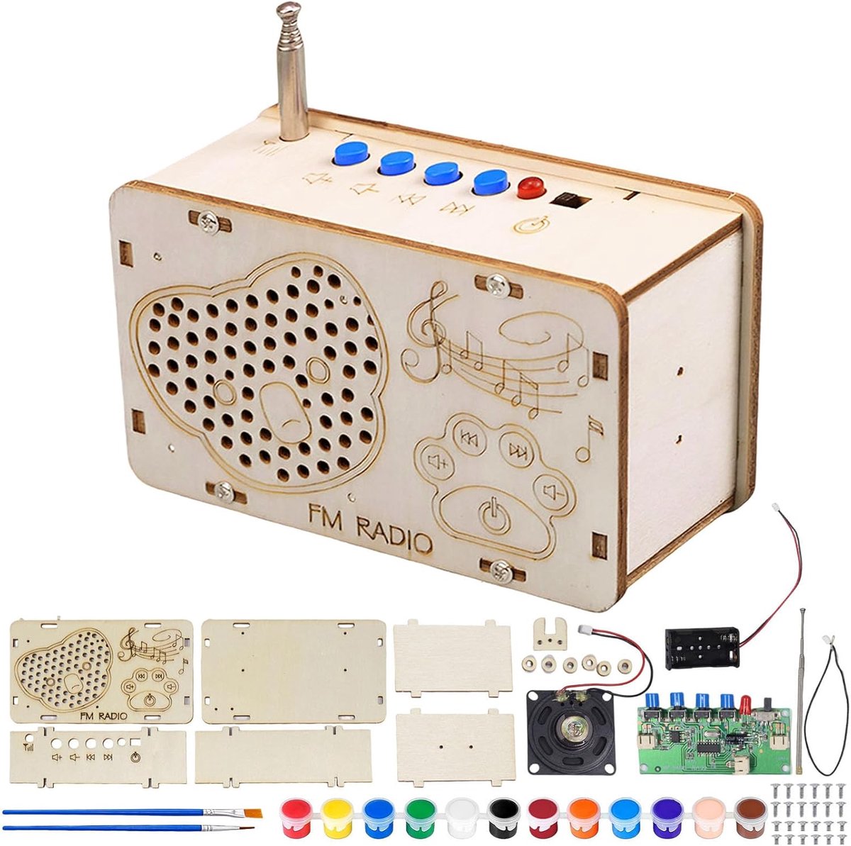 SnelShoppen - Radio Building Kit DIY - Houten Bouwpakket FM Radio Experiment - STEM Speelgoed voor Kinderen 8-12 Jaar - Koala Patroon - 2 AA Batterije