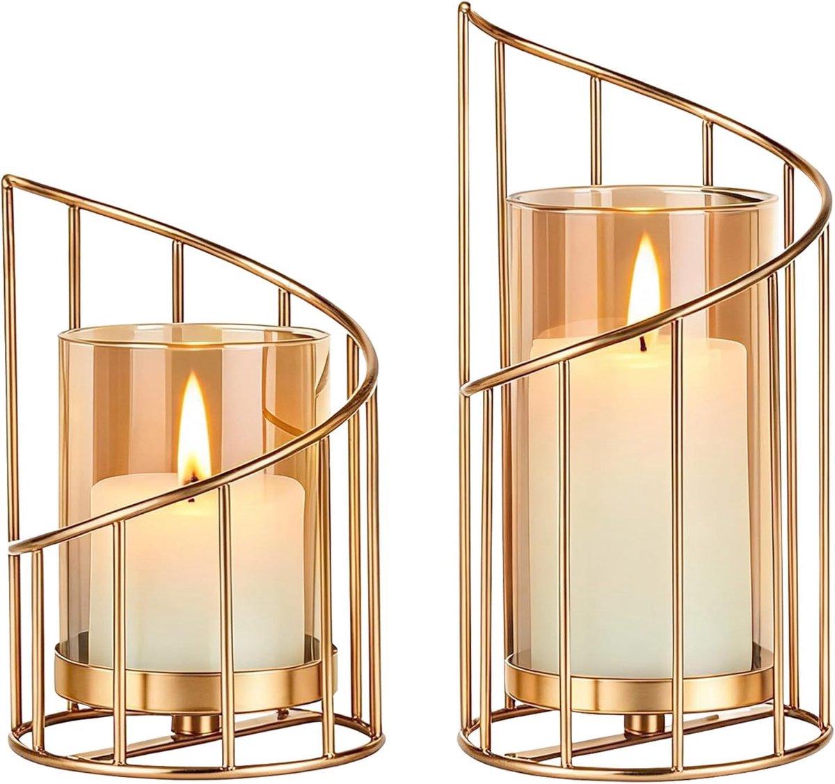 SnelShoppen - Decoratieve Gouden Kaarsenhouder Set van 2 - Metalen Basis met Glazen Cilinder - Lanterns voor Kaarsen en Gedroogde Bloemen - Perfect vo