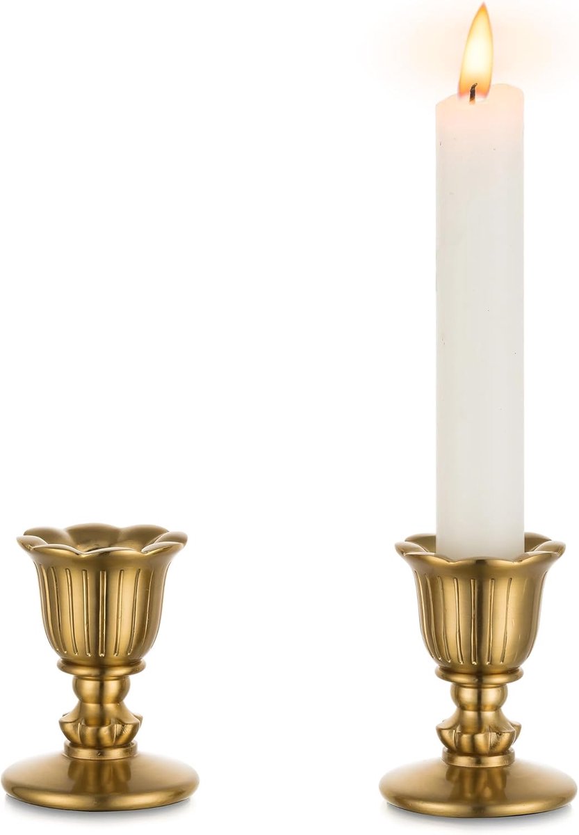 SnelShoppen - Vintage Kaarsenhouder Bronzen Set van 2 - Rustieke Gouden Kandelaar voor Retro, Victoriaanse Antieke Decoratie - Perfect voor Tafel, Ker