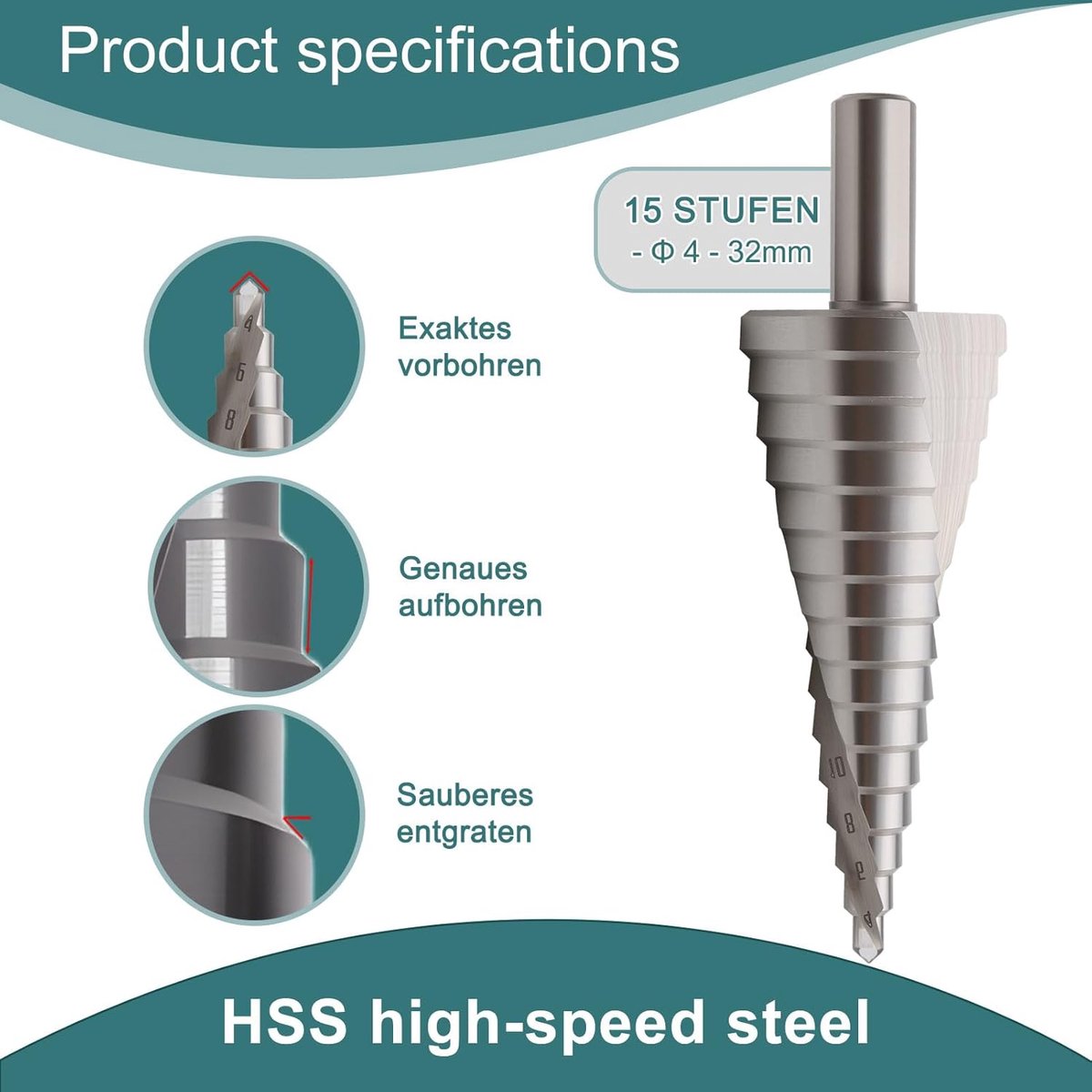 SnelShoppen - Step Drill Bit 4-32 mm HSS 6542 Professionele Cone Drill Bit van Roestvrij Staal met 15 Stappen en 10 mm Driekantige Shank voor Metaal,