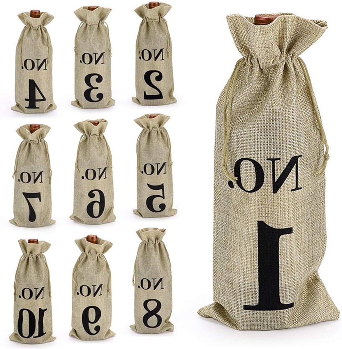 Wijnfleszakken - Jute zakjes - Cadeauverpakking - Genummerd - 10 stuks - Natuurlijk