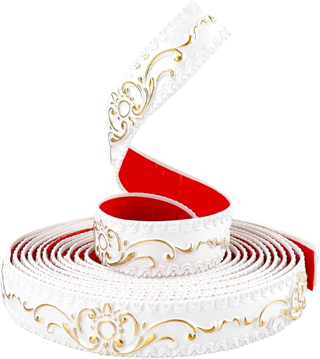 Flexibele Muurafwerking van 6 m, Zelfklevende Film voor Decoratieve Moulures, 3D Behangrand en Plinten (Wit met Goud, 3,5 cm B)