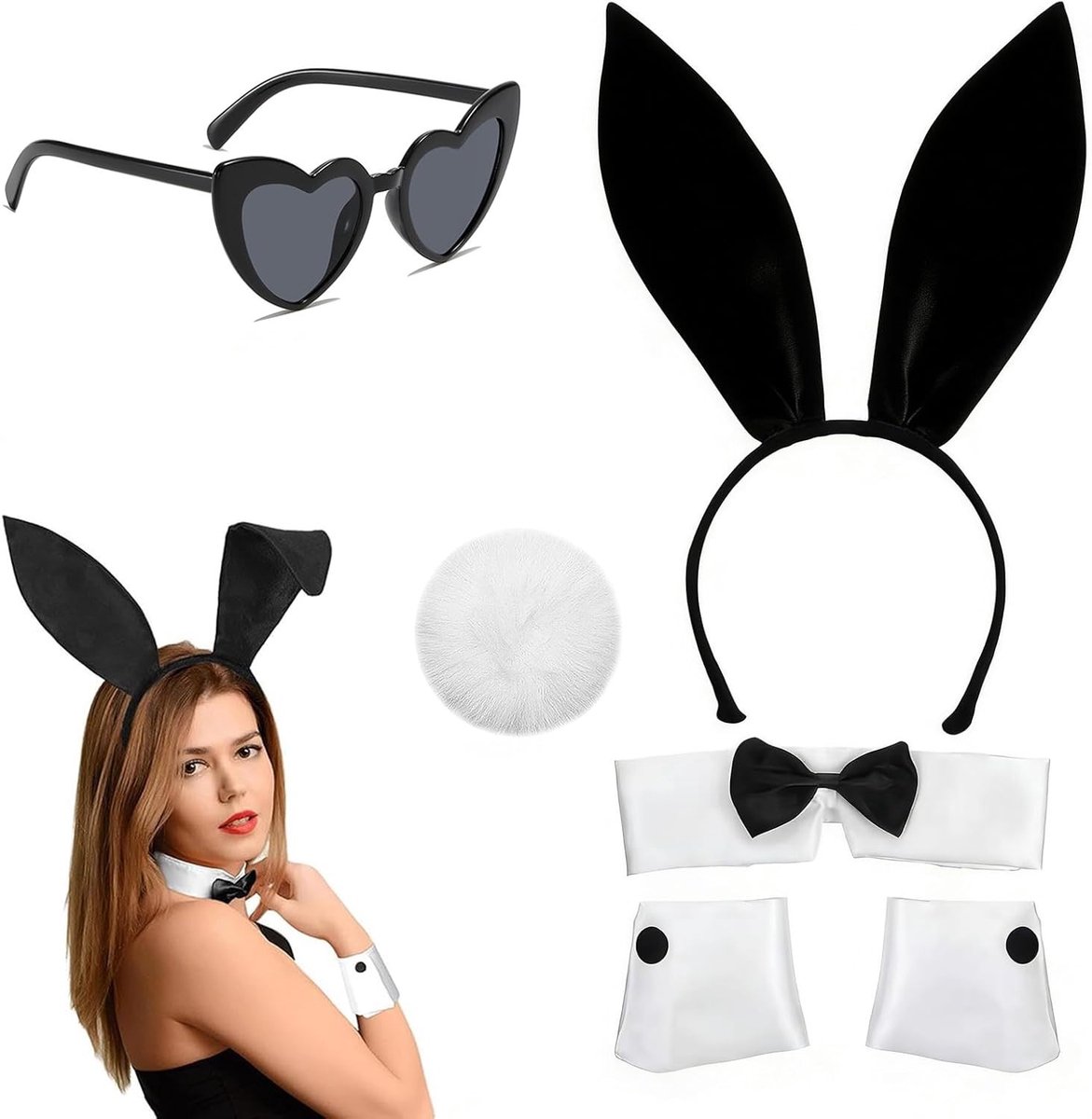 Vrouwelijk Konijn Kostuum Set van 5, Schattige Halloween Outfit met Oren, Strik, Mouwen, Bril en Staart voor Cosplay Feesten en Halloween Decoratie