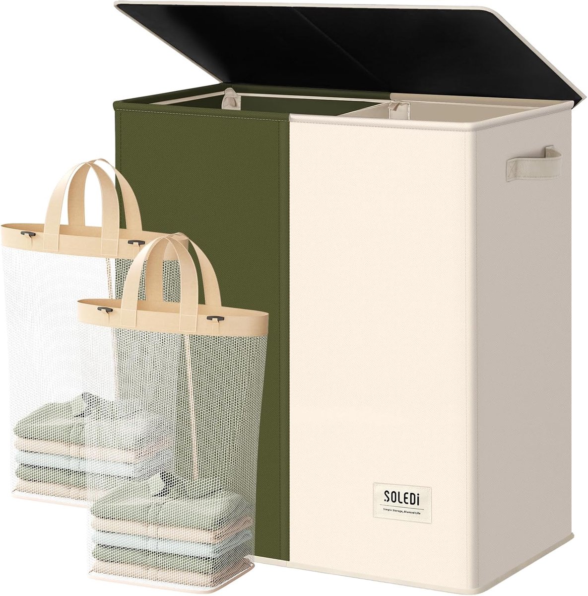 SnelShoppen - Wasmand 145 liter, wasverzamelaar met 2 vakken, deksel en 2 waszakken, groot XXXL, 2 x 72,5 l, groen + beige voor badkamer, slaapkamer,