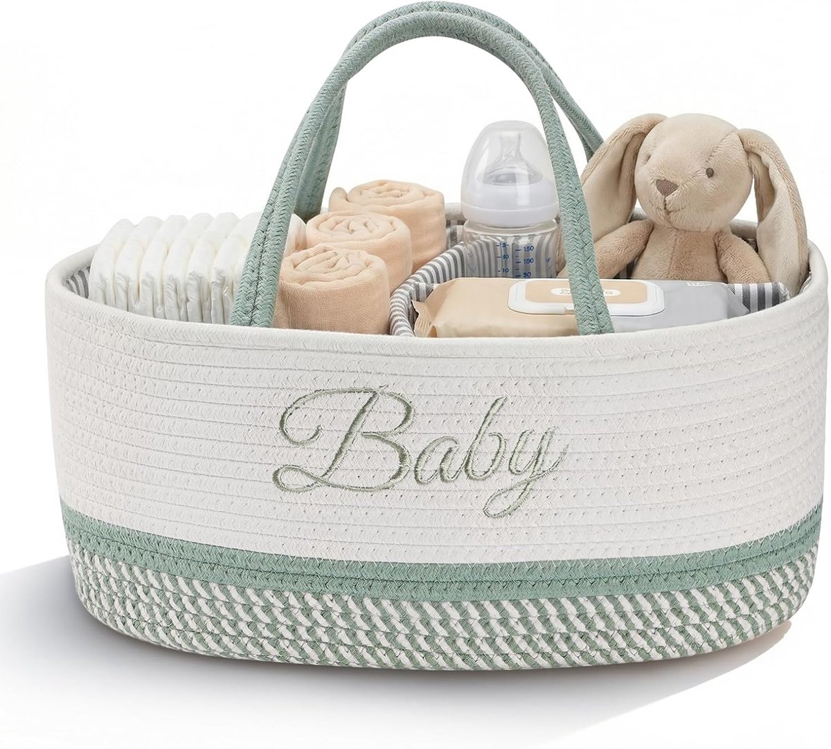 SnelShoppen - Folding Table Organiser, Baby Organiser, Diaper Caddy met Handvat en Scheidingswanden, Witte Groene Opbergmand voor Babyspullen, Perfect