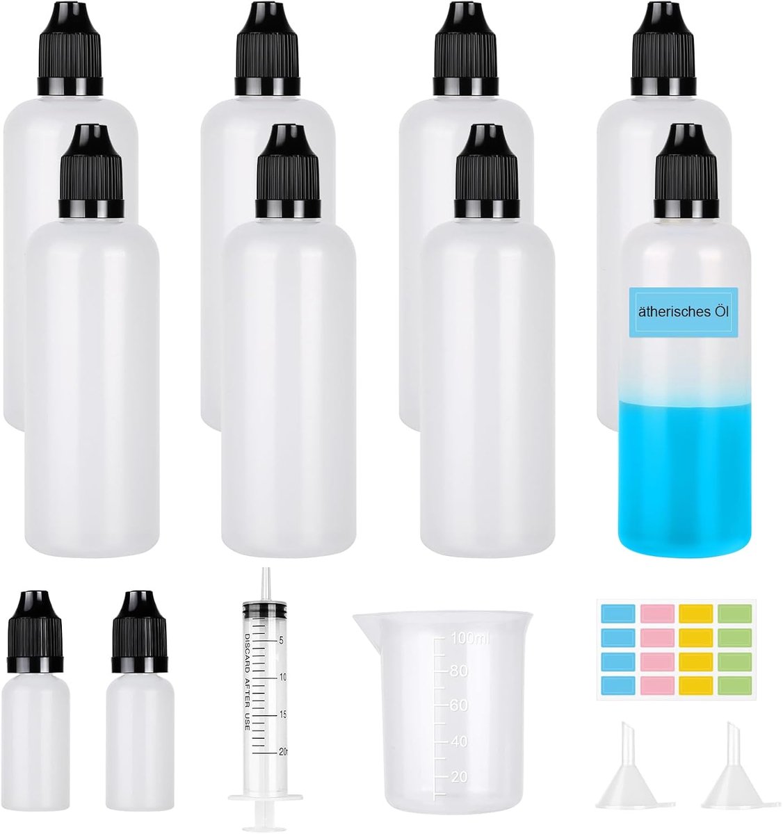 SnelShoppen - 8 Stuks 100ml Kunststof Flessen met Druppel, 2 * 10ml Zachte Oogdruppelfles, 20ml Spuit, Maatbeker, Trechter en Stickers voor Oogvloeist