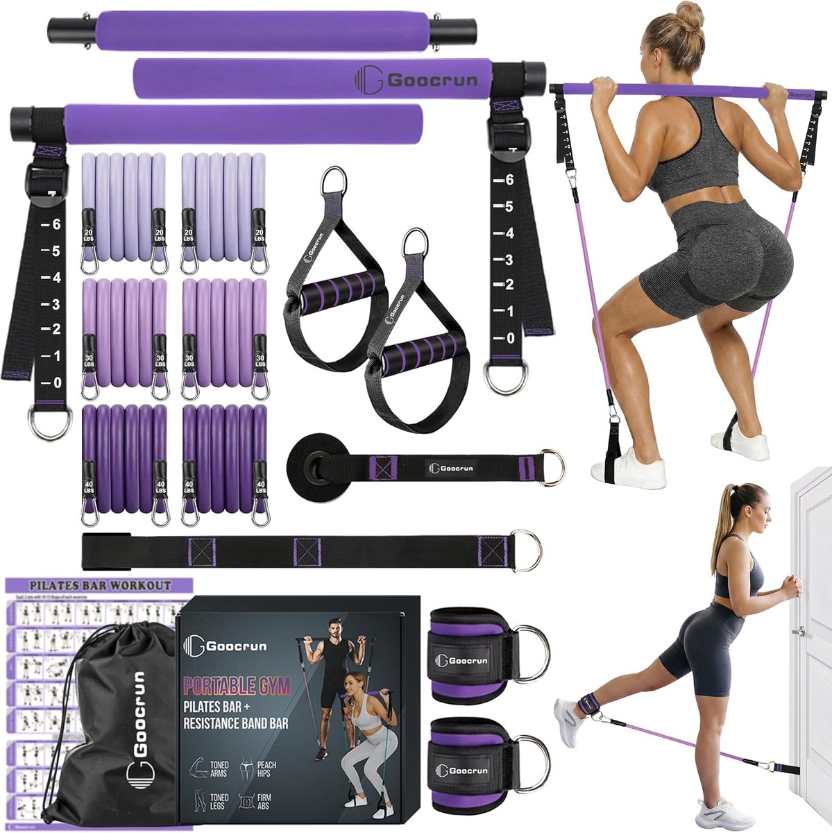 SnelShoppen - Goocrun Portable Pilates Bar Set - Weerstandsbanden Set met Handvatten, Thuis Gym met Deuraanbouw en Verlengslang - Ondersteunt Volledig