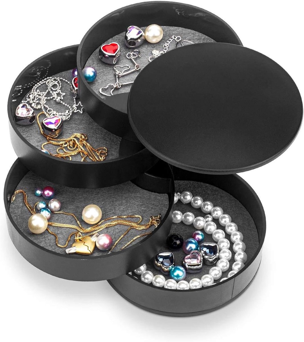 SnelShoppen - Rotating Jewellery Box Rond, 4 Niveaus, Sieraden Organizer voor Ringen, Oorbellen en Kettingen, Compact Zwart, Meisjes, Makeup Tafel Dec