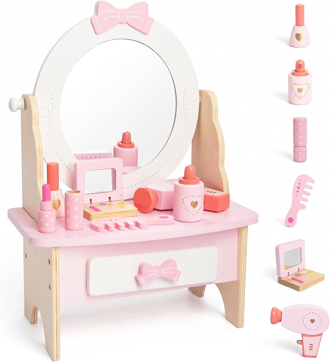 Thijox - Houten Kaptafel voor Meisjes, Roze, 360° Draaibare Spiegel met Lade en 7 Make-upaccessoires, Speelgoed Make-uptafel voor Kinderen