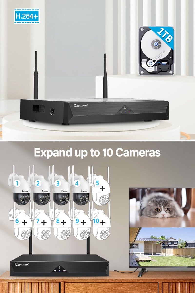SnelShoppen - 5MP Draadloos Beveiligingscamera Systeem met 1TB HDD, 10CH NVR CCTV, 4x PTZ Camera, Persoonsdetectie, Kleur Nachtzicht, Auto Tracking en