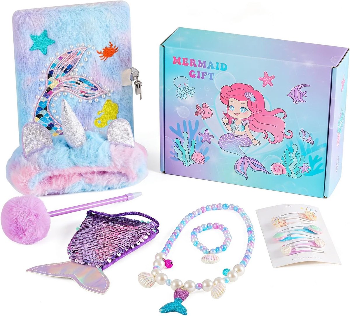 SnelShoppen - Schattige Zeemeermin Pluche Dagboek met Slot voor Meisjes, Notitieboek, Creatieve Set met Haarbanden, Haarspelden, Portemonnees, Armband