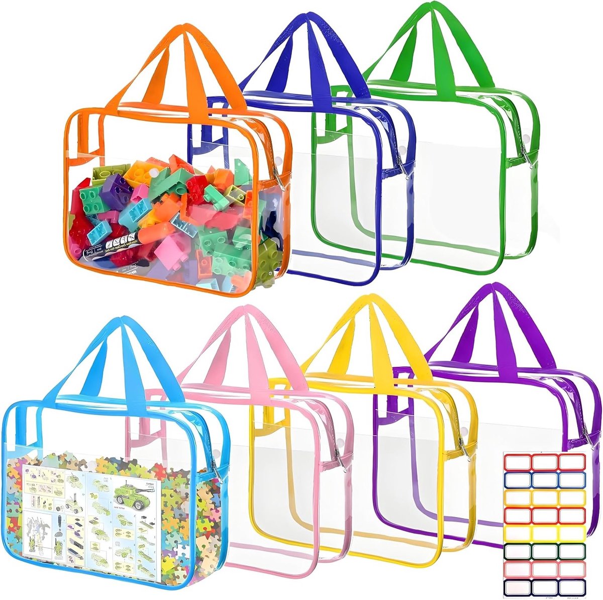 7-delige Speelgoedopslagzakken met Handvat en Ritsen, Doorzichtige Waterdichte Organizer voor Bouwstenen en Speelgoed, 30 x 21,8 x 10 cm
