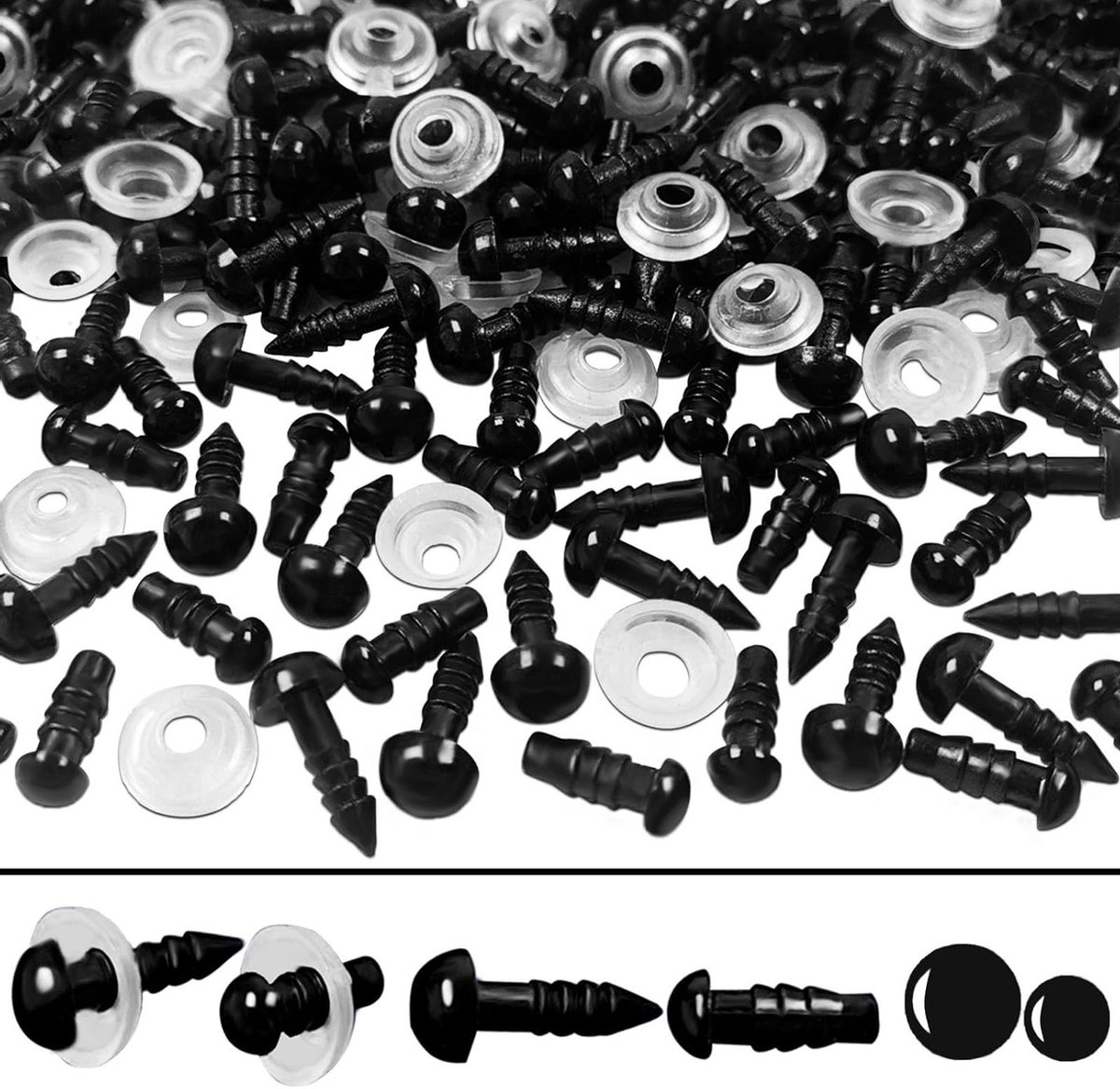 Set van 100 Veiligheidsogen met Wasjes 5 mm en 7 mm Zwarte Plastic Ogen voor Poppenmaken en Creatieve Klussen