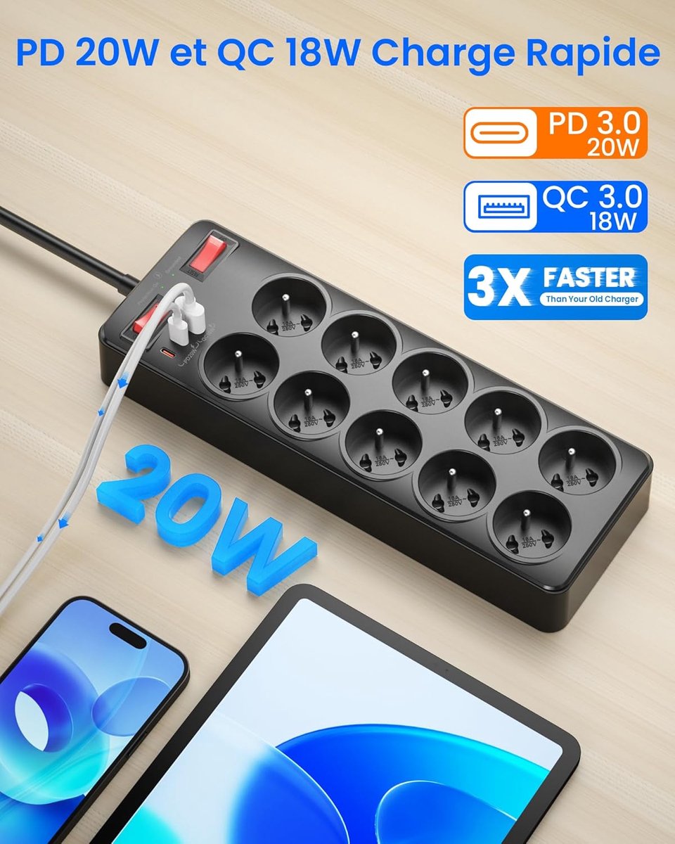 SnelShoppen - Power Strip met Schakelaar, 10 Franse Stopcontacten, USB C PD 20W Snelladen, Overspanningsbeveiliging, 2m Kabel, Zwart voor Thuis & Kant