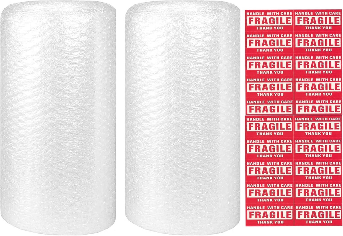 SnelShoppen - Bubble Wrap 2 Rollen 300mm x 11m Perforated, Inclusief 20 Breekbare Stickers, Perfect voor Verhuizen en Verpakken
