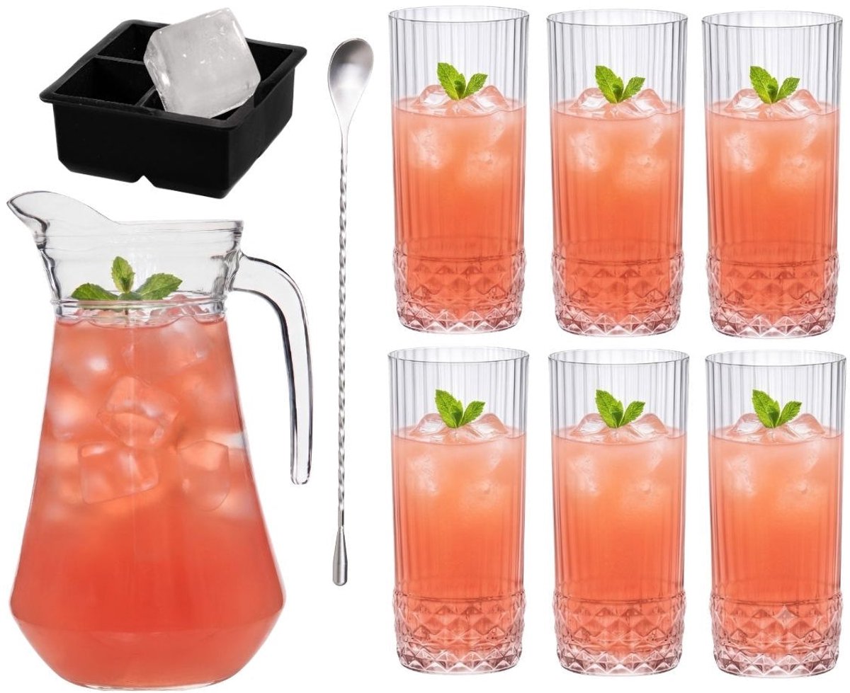 Cocktailset Dolle Mina - Karaf 1.6 L met 6 Longdrinkglazen 490 ml, Cocktaillepel & IJsblokjesvorm