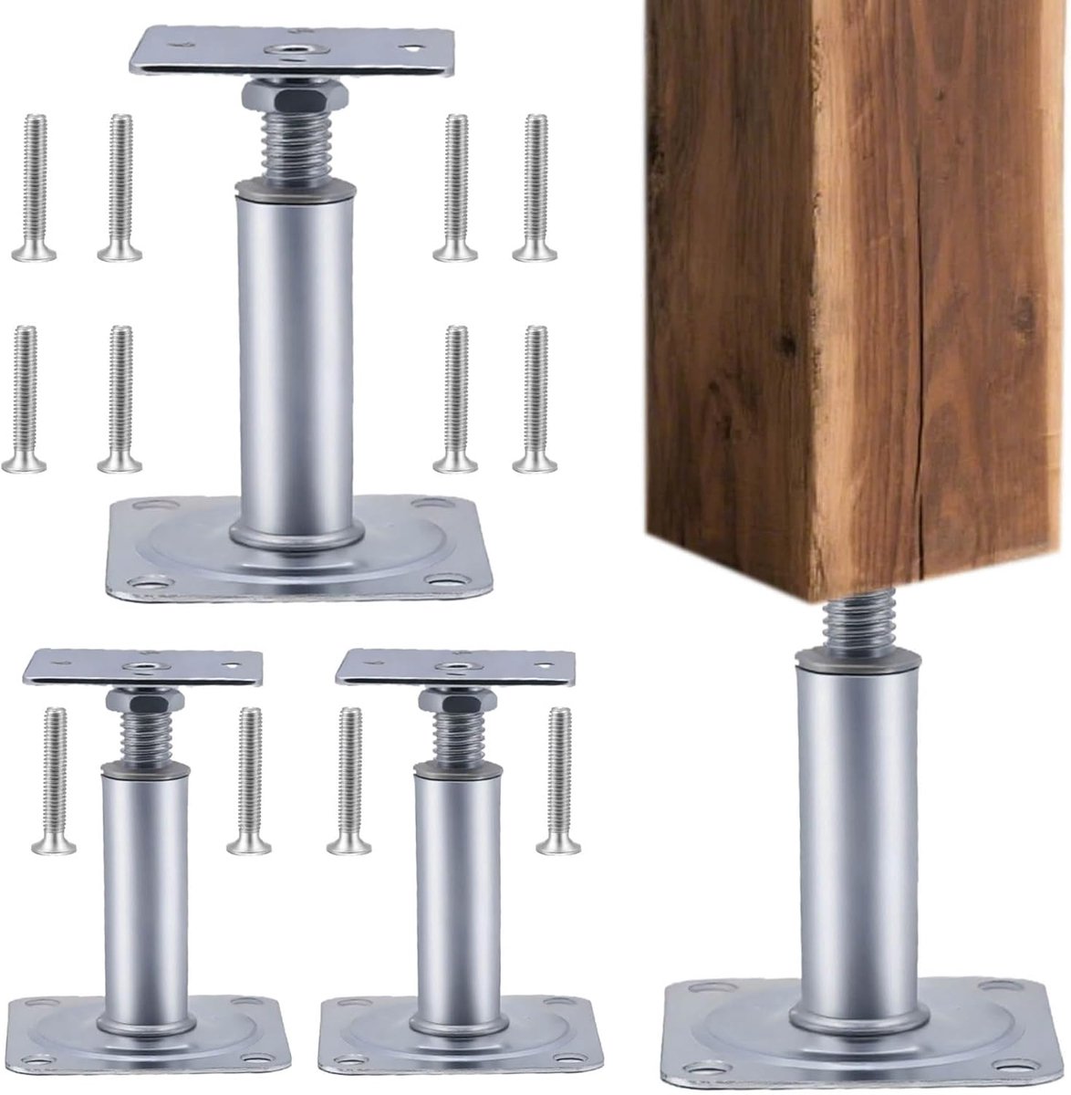 SnelShoppen - Pack van 4 Hoogte Verstelbare Post Steunen 145-175 mm, Gegalvaniseerd Staal, Voor Tuin, Schutting, Carport, Betonbasis, Ondersteuningspo