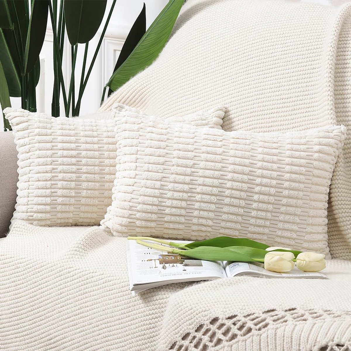 SnelShoppen - Set van 2 Boho Gestreepte Corduroy Kussenslopen 30x50cm Beige - Zachte Decoratieve Kussenhoezen voor Sofa en Slaapkamer