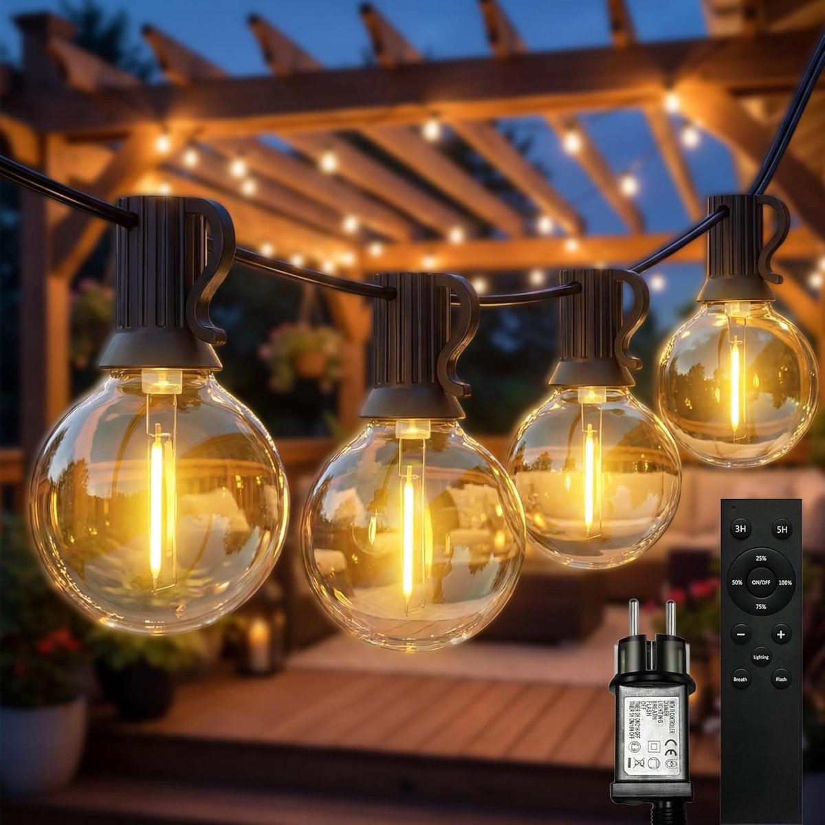 SnelShoppen - Led-lichtsnoer voor buiten 18 m met 40 + 3 G40 gloeilampen, afstandsbediening, timer, 3 modi, dimbaar en IP44 waterdicht - Warmwit licht