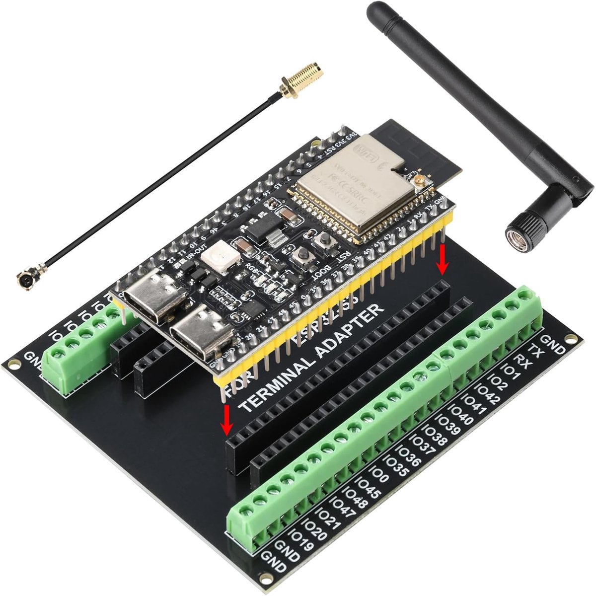 SnelShoppen - ESP32 S3 N16R8 DevKitC-1 Ontwikkelbord + Uitbreidingsbord voor ESP32 S3 USB-C Module met 2.4G Antenne, WiFi Bluetooth 5.0 voor Arduino -