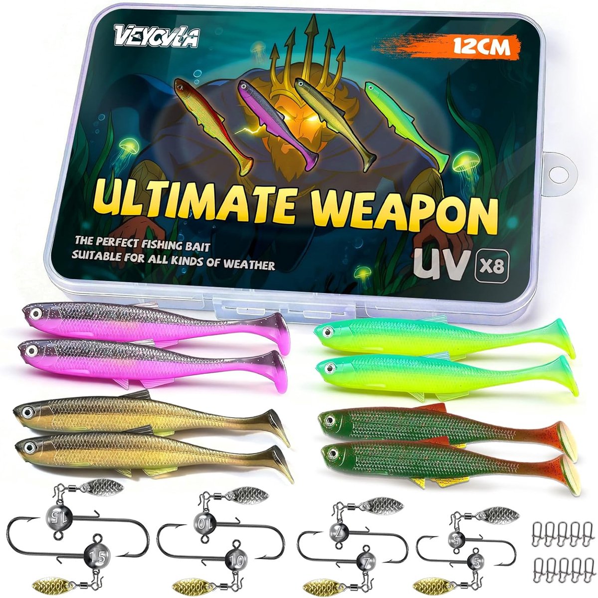 SnelShoppen - Rubber Vissen - Zander, Baars & Forel Bait Set - 12 cm Soft Rubber Bait met Jig Heads - 8 Rubber Baits in 4 Kleuren - Compleet Met 8 Loo