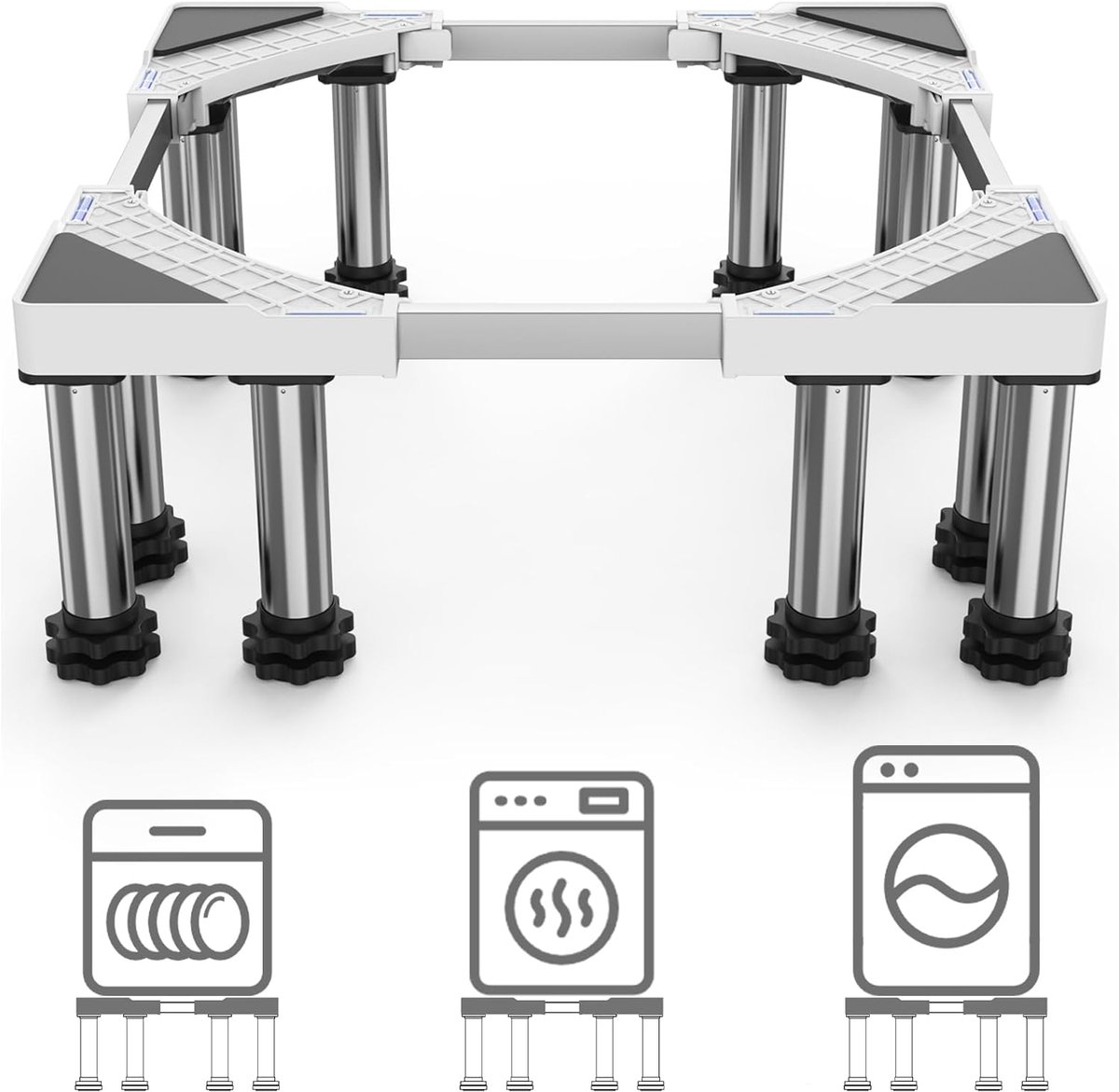 SnelShoppen - Verstelbaar Platform voor Wasmachine, Droger, Koelkast en Vriezer - Stabiliteit met 12 Poten, 43.5-63 cm Breed, 18-20 cm Hoog, Wit