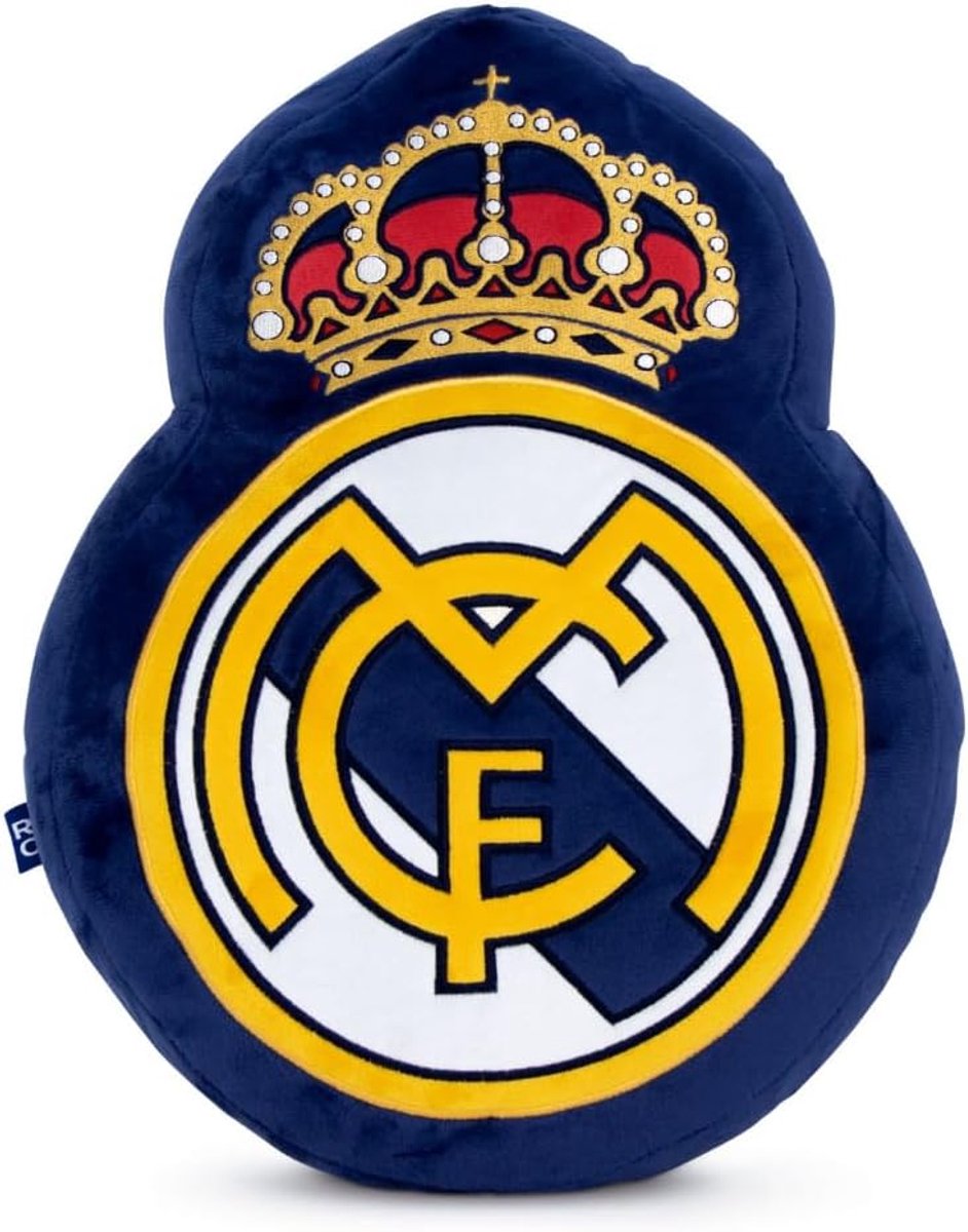 SnelShoppen - Real Madrid Kussen voor Kinderen - Geborduurd Schuimkussen in Schildvorm - Polyester Velvet - 21x28x4 cm - Perfect voor Kinderkamer Deco