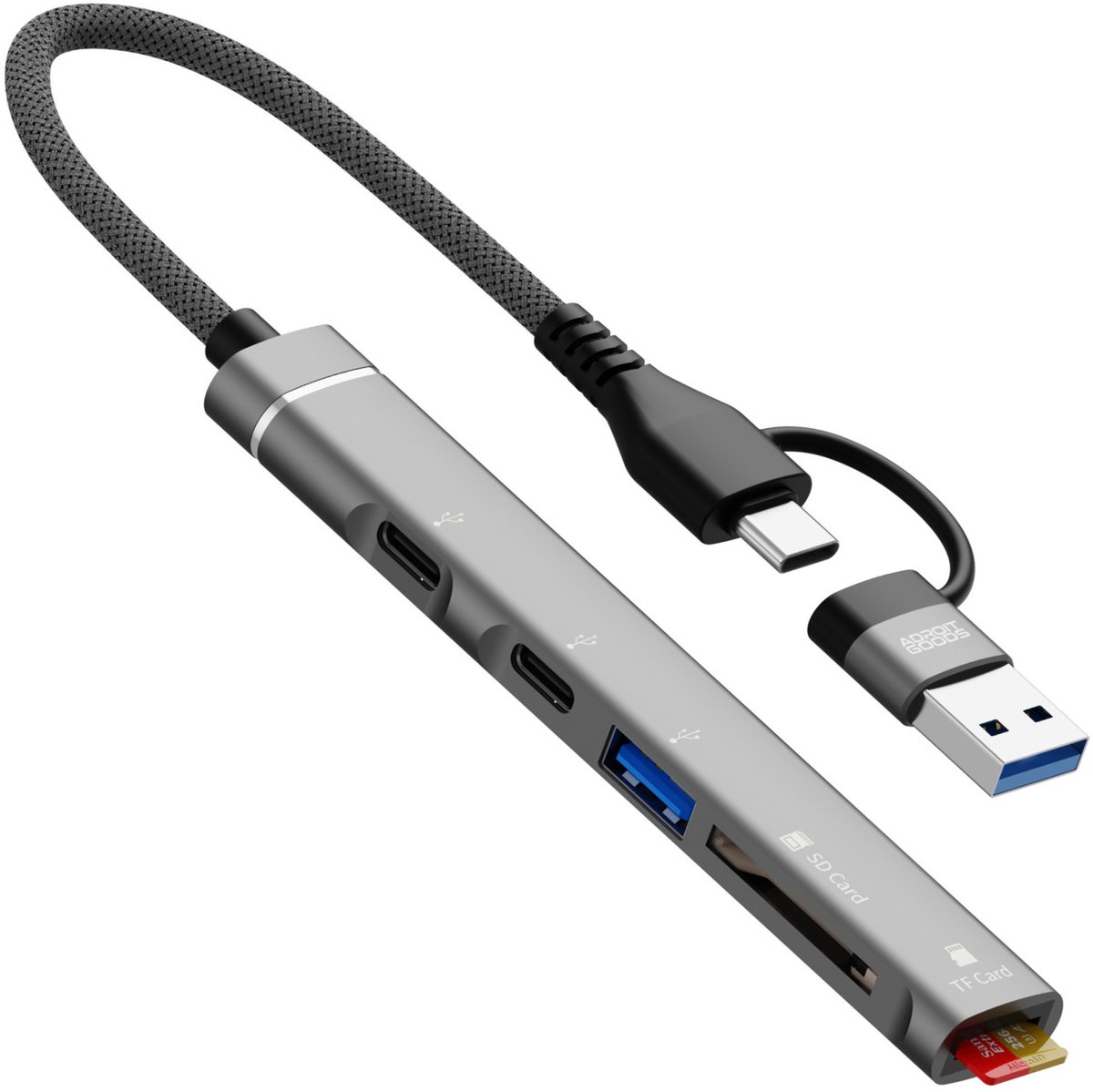 AdroitGoods USB-C & USB-A Hub 6-in-1 - SD TF Kaartlezer - USB 3.0 - Dual USB-C Data - OTG Adapter - Laptop Smartphone Tablet - Compact Aluminium Design - Grijs