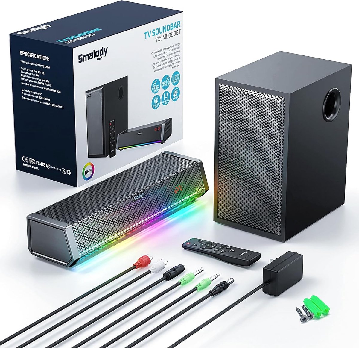 SnelShoppen - TV Speakers met Subwoofer, Draadloze Soundbar, Bluetooth/AUX/Optisch/Coaxiaal, 2.1 Kanaals Geluid, Thuisbioscoop Audio, Ideaal voor Fees