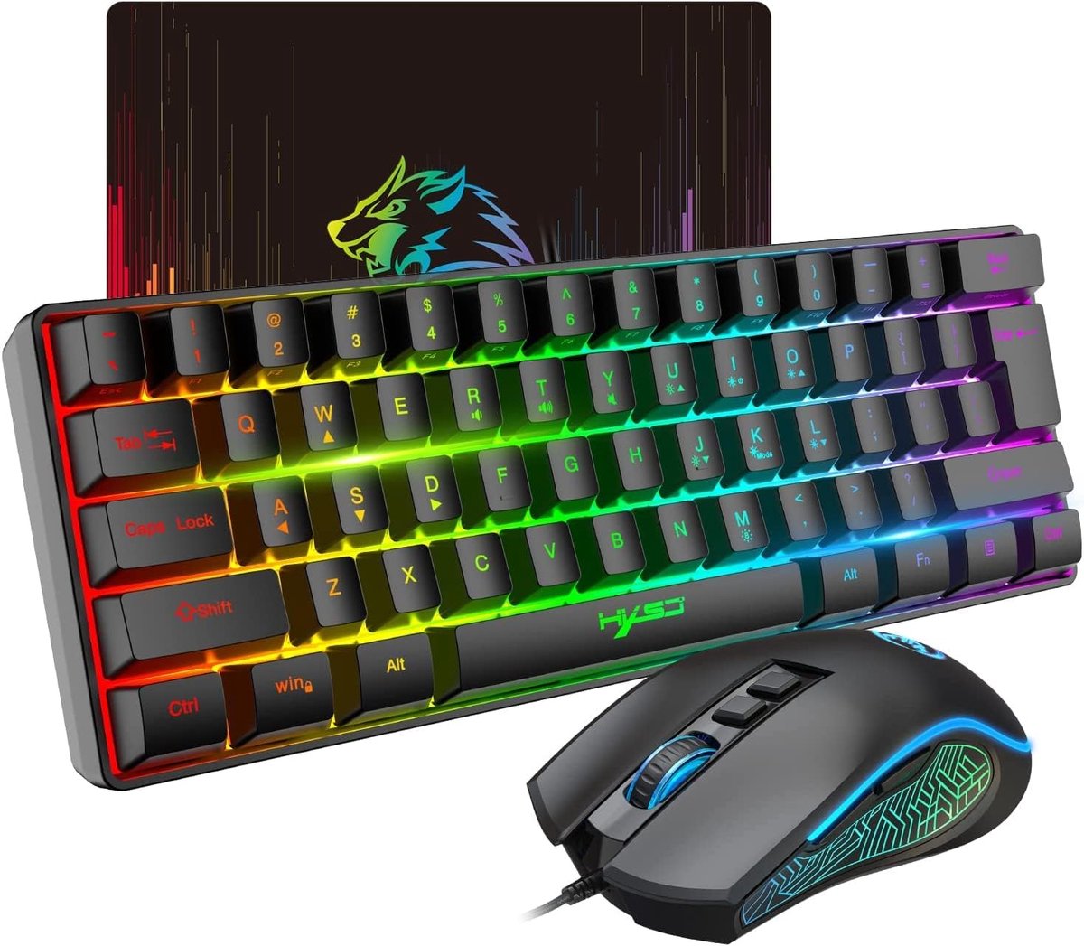 SnelShoppen - Gaming Toetsenbord en Muis Set - Compact 60% Toetsenbord met 61 Toetsen, RGB Achtergrondverlichting, Ergonomische Muis tot 3600 DPI, Ide