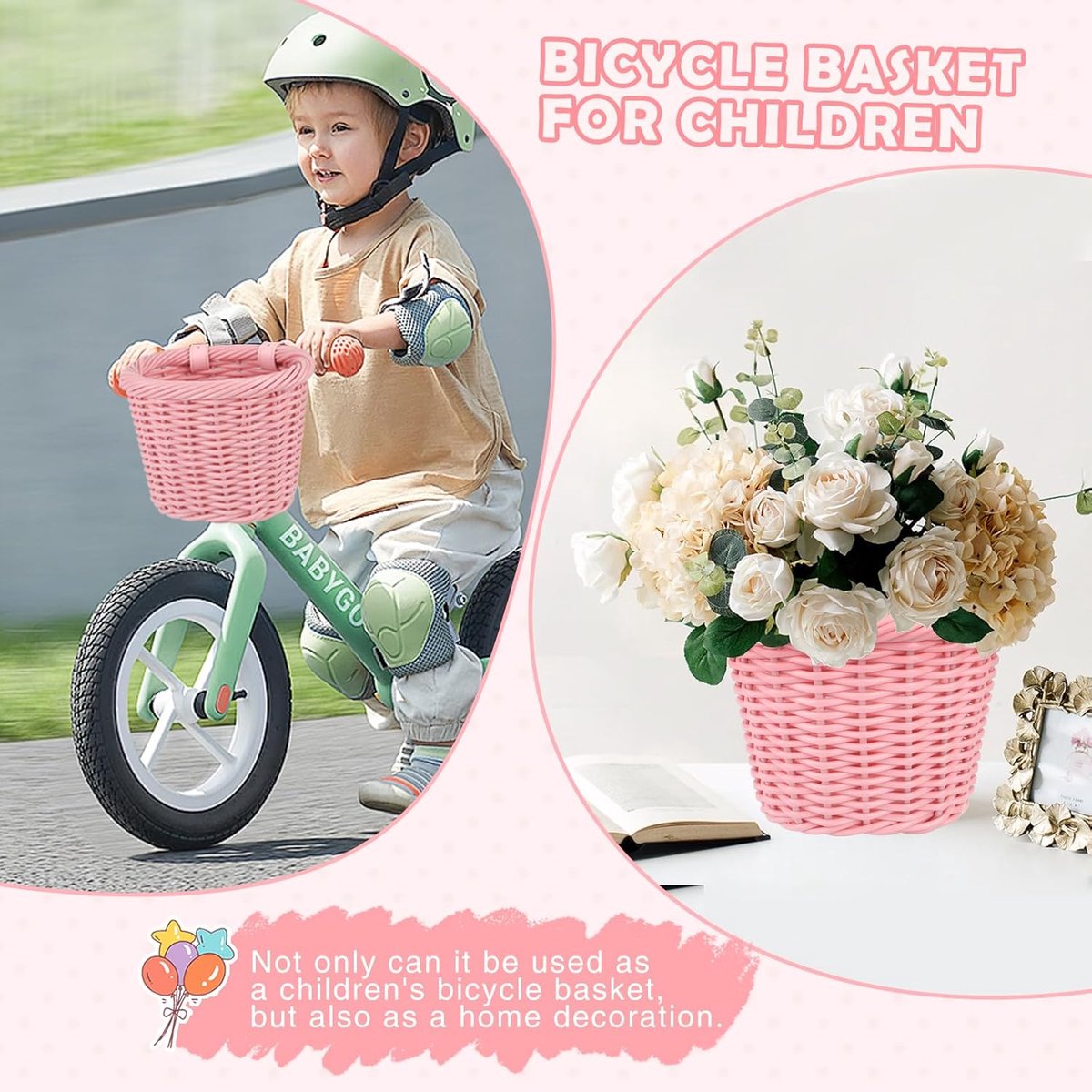 SnelShoppen - Kleine Fietsmand voor Kinderen - Handgeweven Plastic Buitenspeelgoed - Verstelbare Handvat Mand voor Fiets, Skates en Balance Bikes - Kl