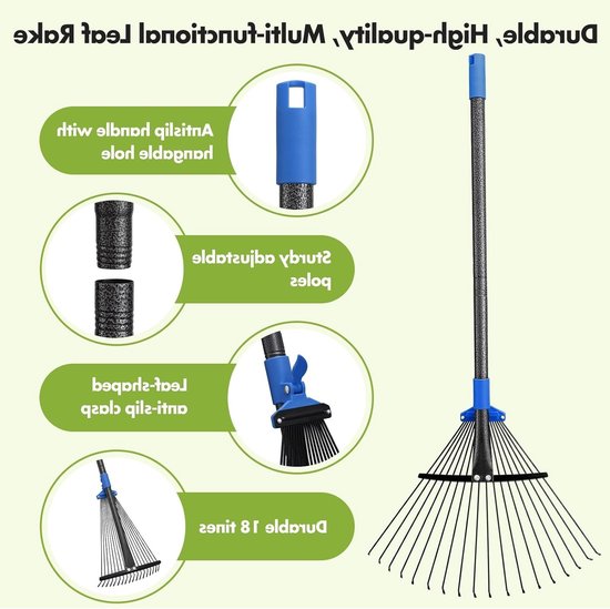 Ergonomische Bladhark met 18 Tanden en Verstelbare Kop 25-45 cm voor Efficiënte Tuinreiniging en Bladverwijdering, Ideaal voor Tuinonderhoud en Tuinwerkzaamheden — afbeelding 4