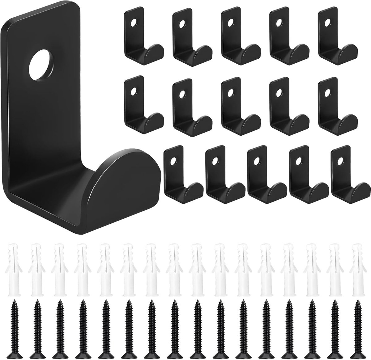 SnelShoppen - 16 Stuks Zwarte Metalen Wandhaken - L-vormige Haakset voor Kleding, Badkamer, Woonkamer, Gang - Inclusief Schroeven en Expansiebussen