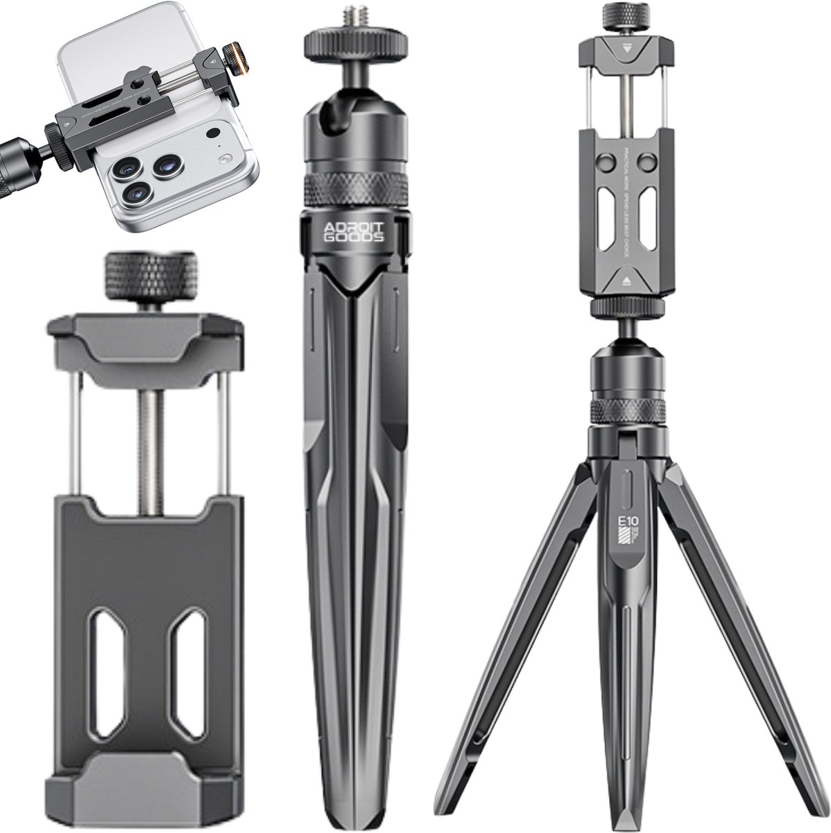 AdroitGoods E10 Multifunctionele Telefoonhouder & Mini Statief – Aluminium Selfie Stick & Tripod 360° Verstelbaar - Grijs