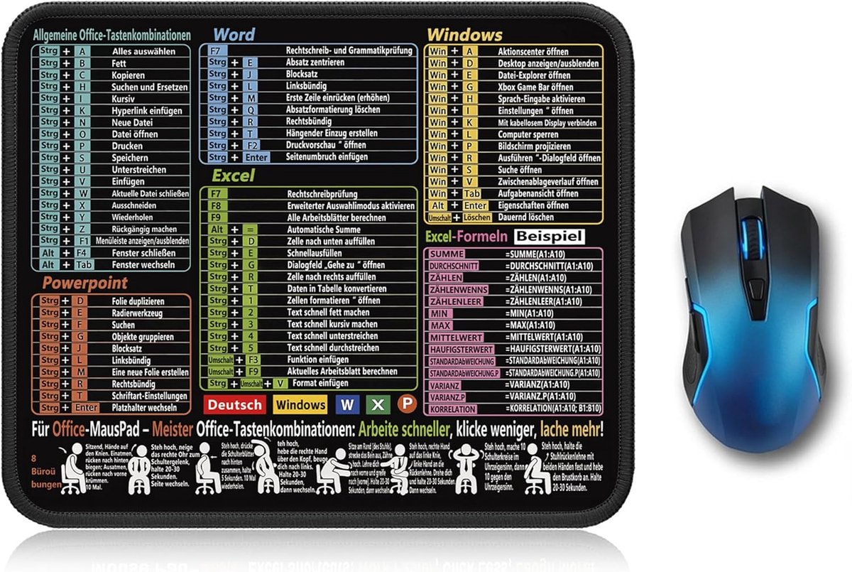 SnelShoppen - Excel Mouse Pad met Hotkeys (Duits), Desk Mat met Word Sneltoetsen, 300x250x3mm, Antislip Rubber, Ideaal voor Kantoor en Thuiswerk