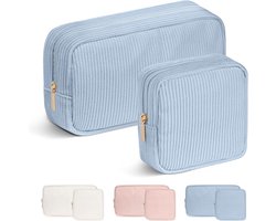 SnelShoppen - Corduroy Cosmetic Bag 2 Stuks - Kleine Make-up Tas - Striped Draagbare Organizer met Metaal Rits - Reis & School, Blauw