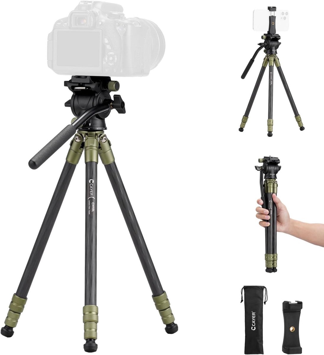SnelShoppen - Cayer CH10L Carbon Fiber Tripod met S1 Mini Fluid Head, 28" Compact Tafelstatief voor Spiegelreflexcamera, Videocamera, Mobiele Telefoon