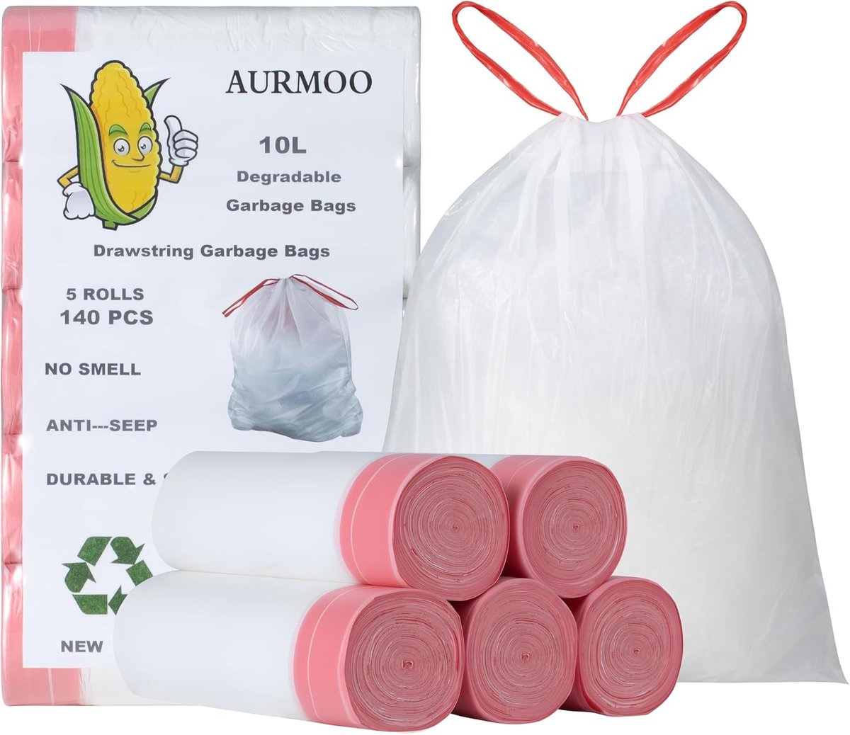 SnelShoppen - Biologisch Afbreekbare Vuilniszakken 10L met Trekkoord, Organische Afvalzakken, 140 Stuks, Keukenafvalzakken, Witte Müllbeutel 45x50cm v