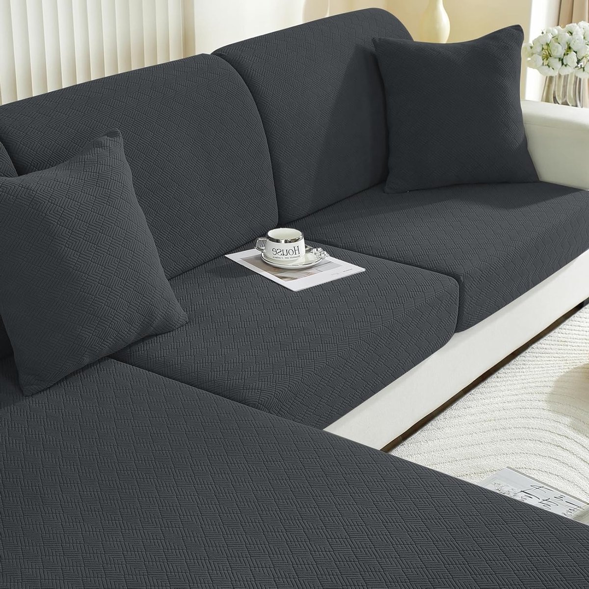 Stretch Sofa Zitkussenhoezen, Universele Elastische Bescherming voor Zitkussens, Krasbestendige Hoezen voor Meubels (3 Plaatsen, Donkergrijs) - Ideaal voor Woonkamers en Meubelbescherming