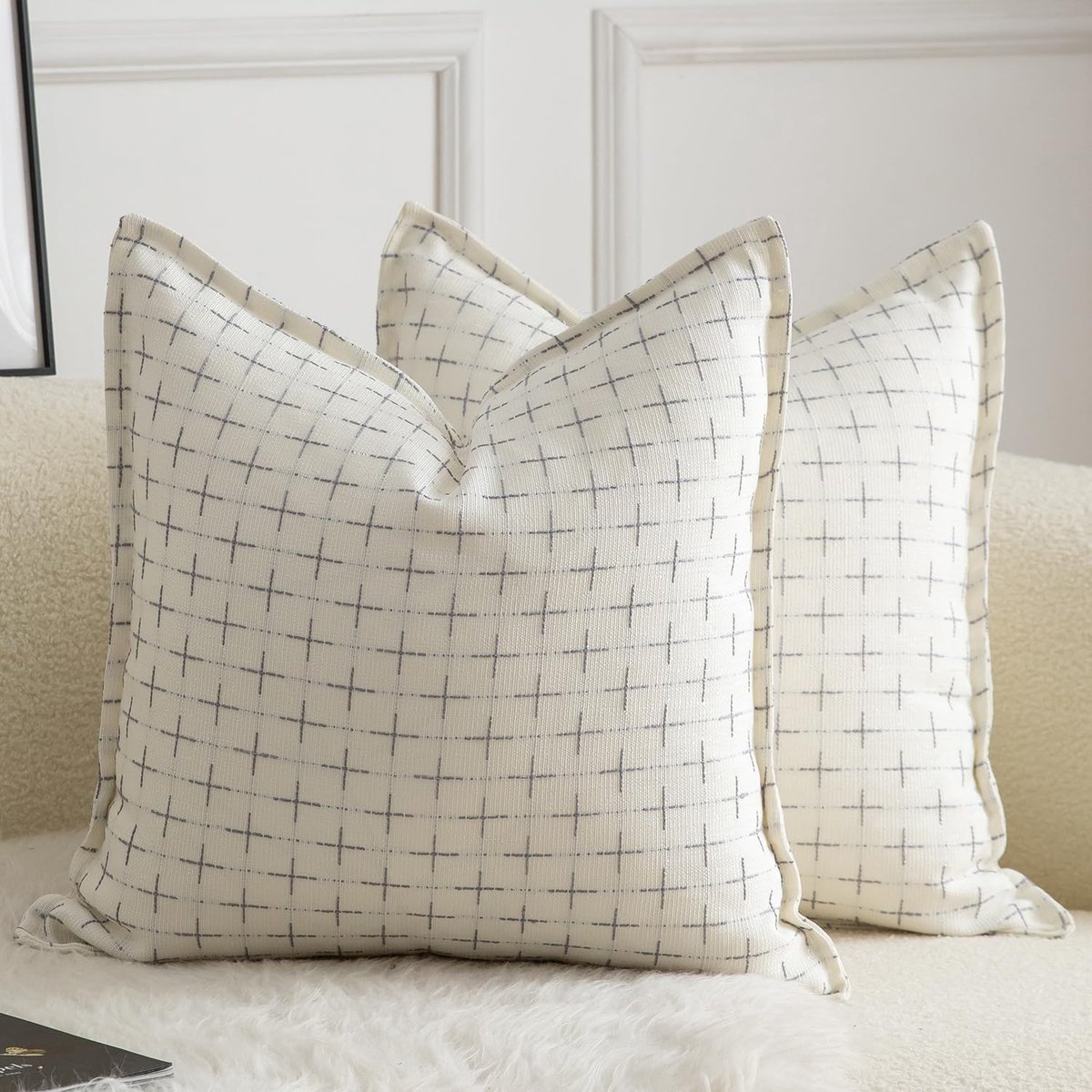 SnelShoppen - Set van 2 Decoratieve Kussenhoezen 60x60cm Wit - Modern Boerderij Stijl - Hoogwaardige Jute/Linnen Textuur - Perfect voor Bank, Sofa, Wo