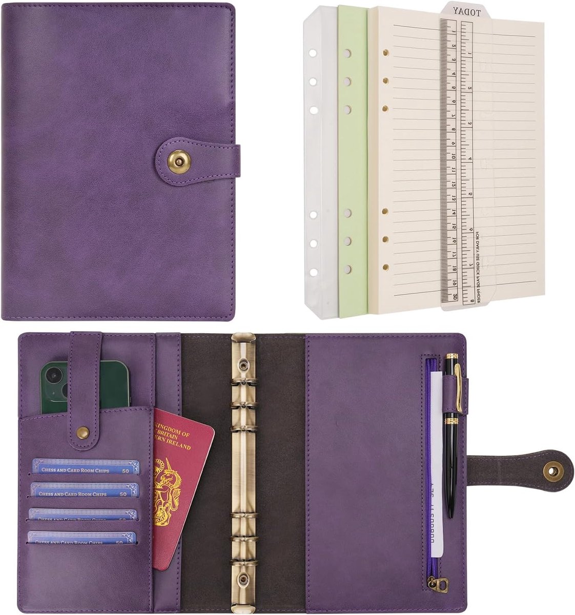 SnelShoppen - A5 Ring Binder Travel Diary Notebook met Lined Paper - Refillable Leather Organizer met Pen - Perfect voor Kantoor, School, en Business