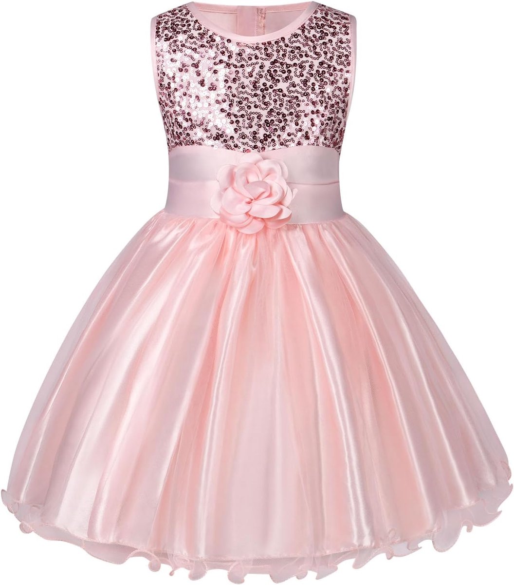 SnelShoppen - Meisjes Prinsessenjurk met Mouwen, Pailletten Tulle Trouwen Feestjurk voor Meisjes 3-9 Jaar, Tutu Verjaardagsjurk voor Bruidsmeisjes