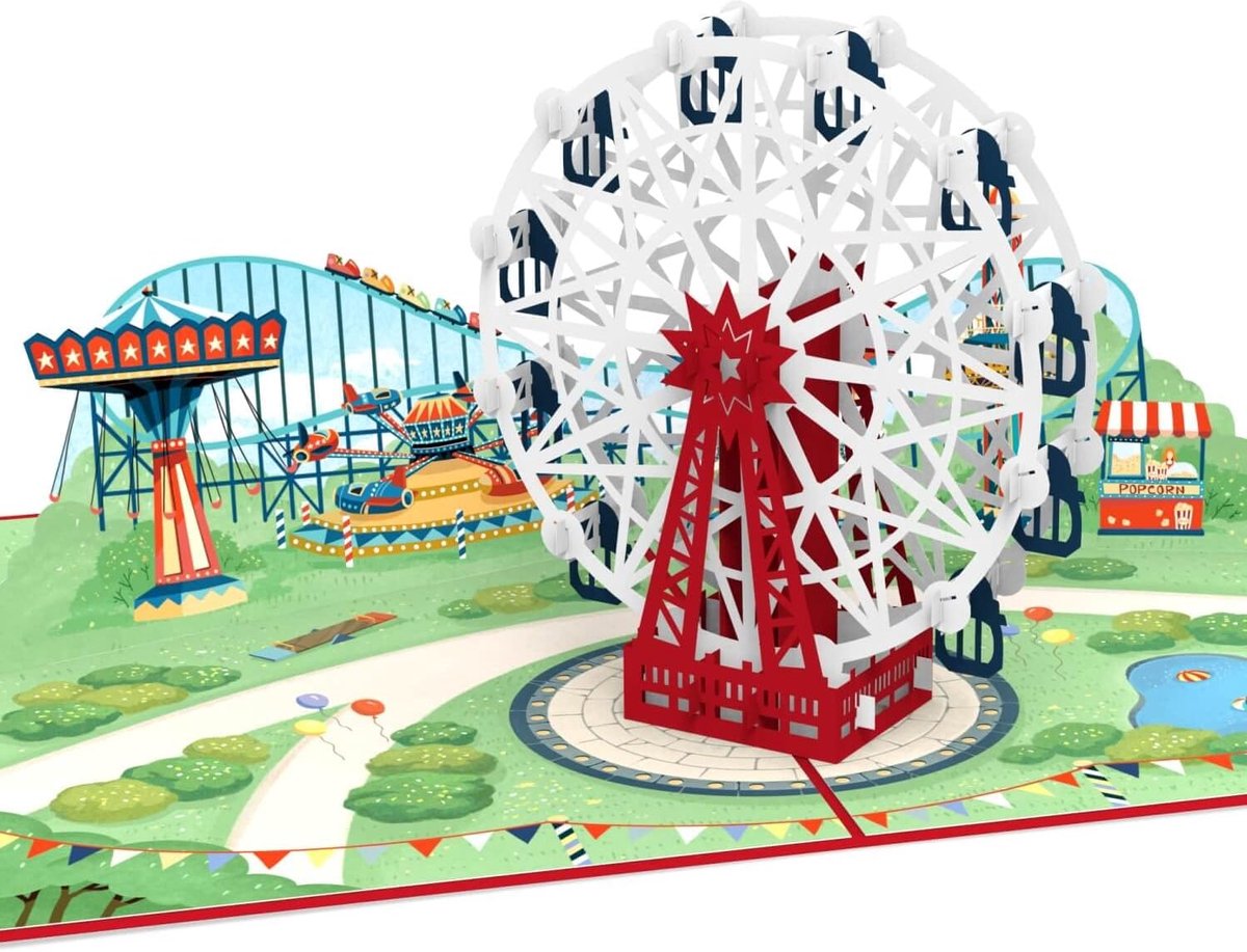 SnelShoppen - Pop Up Kaart Amusement Park met Groot Wiel - 3D Verjaardagskaart voor Kinderen (Jongen, Meisje) - Geldcadeau voor Pretpark, Vaderdag, Ke