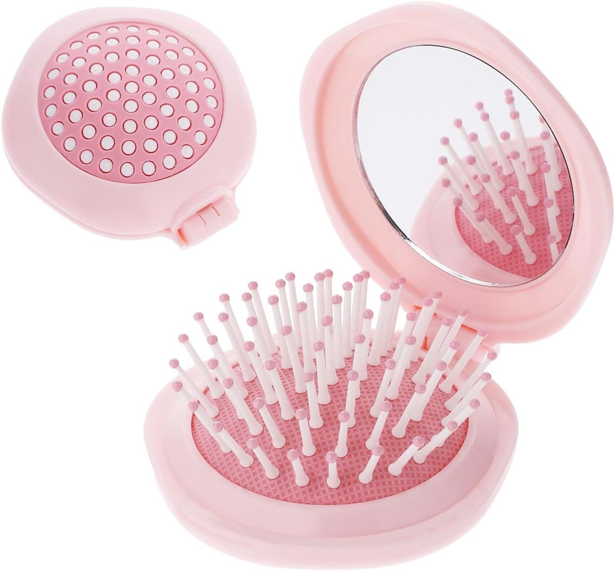 SnelShoppen - Mini Reishaarborstel met Spiegeltje - Vouwbare Haarborstel voor Handtas - Roze - Duurzaam en Comfortabel - Ideaal voor Thuis, Op Reis en
