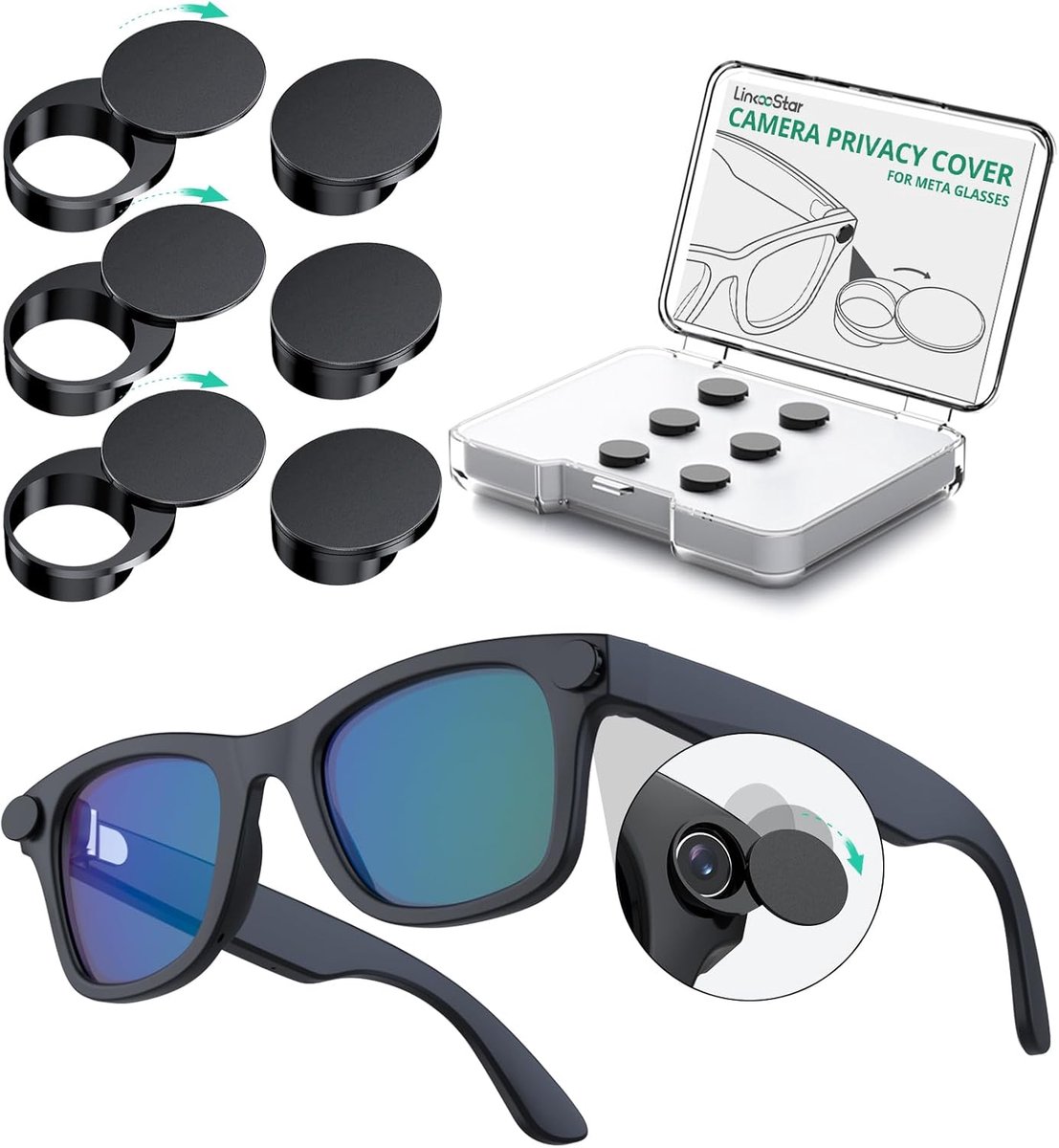 SnelShoppen - 180° Draaibare Webcam Cover voor Smart Glasses, Privacy Bescherming, 6 Stuks, Kunststof, Herbruikbaar, Voor Wayfarer/Skyler/Headliner/Oa